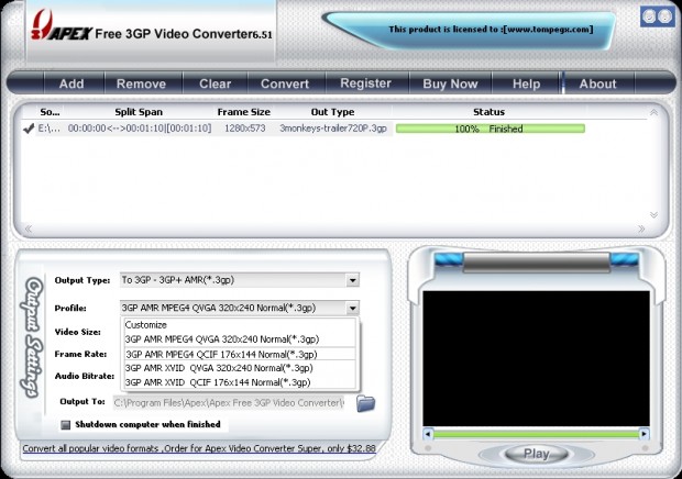 Apex Free 3GP Video Converter 6.51