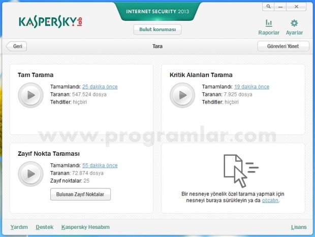 Kaspersky Internet Security 2013 tarama sonucu