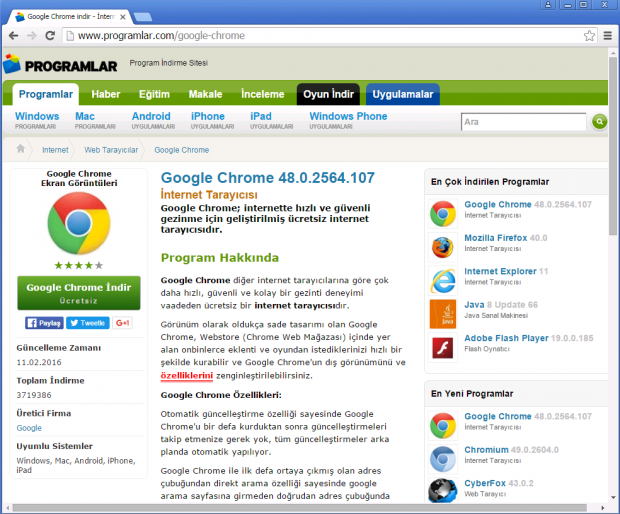 Google Chrome Ekran Gorüntüsü